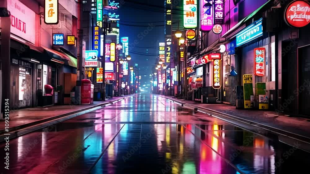 Night scene of after rain city in cyberpunk style, futuristic nostalgic 80s, 90s. Neon lights vibrant colors Night scene of after rain city in cyberpunk style, futuristic nostalgic 80s, 90s. Neon lights vibrant colors