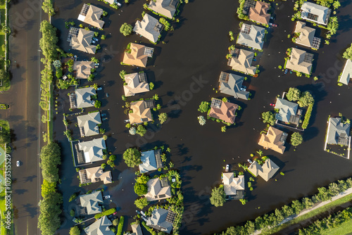 Flooded residential area with underwater houses from hurricane Debby rainfall water in Laurel Meadows community in Sarasota, Florida. Aftermath of natural disaster in southern USA photo