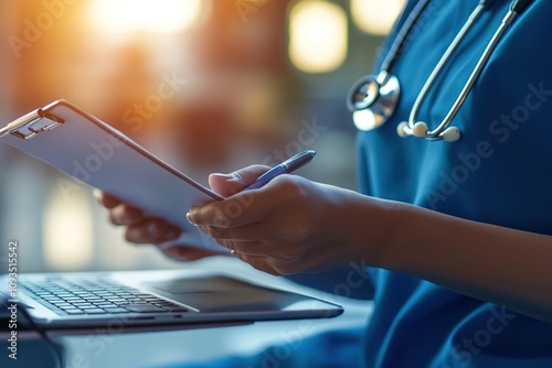 Medical professional reviewing documents on a clipboard with a stethoscope around the neck