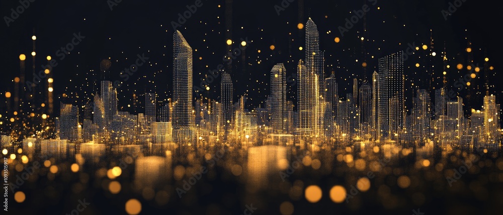 Golden city skyline at night with bokeh lights. Golden city skyline at night with bokeh lights.