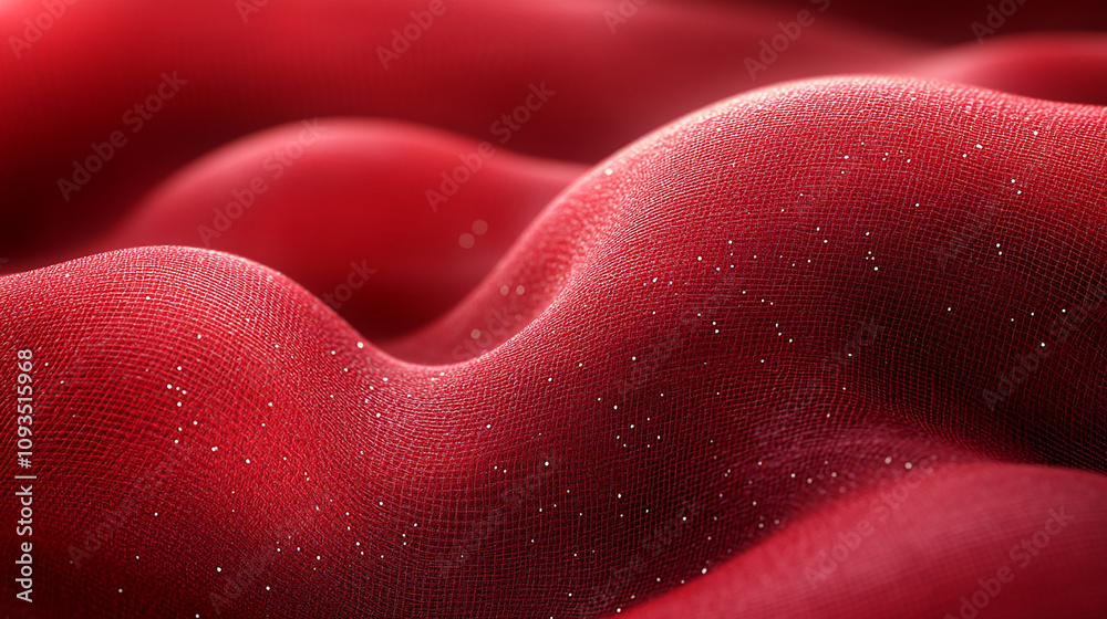 A close-up of a red, textured surface with wavy folds and small specks. A close-up of a red, textured surface with wavy folds and small specks.