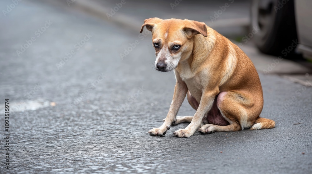 A brown dog sitting by the roadside, with a calm expression A brown dog sitting by the roadside, with a calm expression