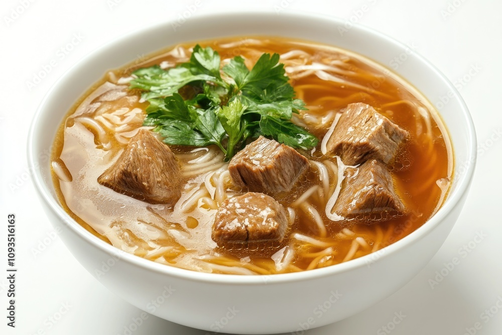 A warm and comforting bowl of meat and noodle soup, perfect for a cozy meal A warm and comforting bowl of meat and noodle soup, perfect for a cozy meal