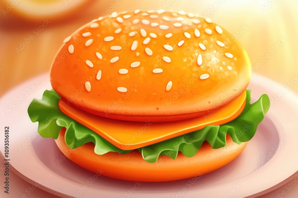 A juicy burger with melted cheese and fresh lettuce on a plate, perfect for a quick meal or snack A juicy burger with melted cheese and fresh lettuce on a plate, perfect for a quick meal or snack