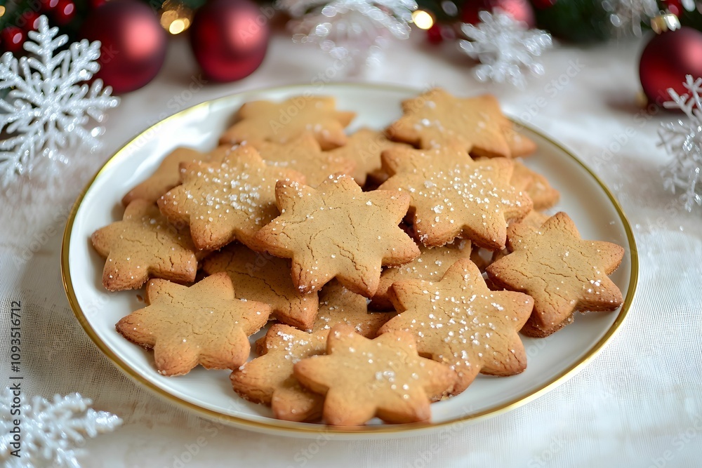 Festive star-shaped cookies on a decorative plate for holidays Festive star-shaped cookies on a decorative plate for holidays