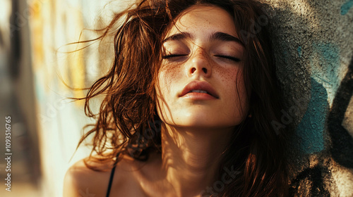 Young woman with frizzy unruly brown hair that looks dry and difficult to manage photo