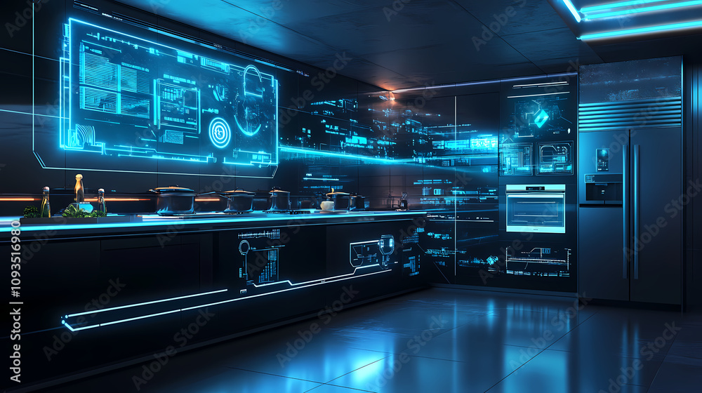 A holographic food display in a futuristic kitchen, glowing interface, neon blue, 3d rendering, high-tech. Futuristic Holographic Cities. Illustration A holographic food display in a futuristic kitchen, glowing interface, neon blue, 3d rendering, high-tech. Futuristic Holographic Cities. Illustration