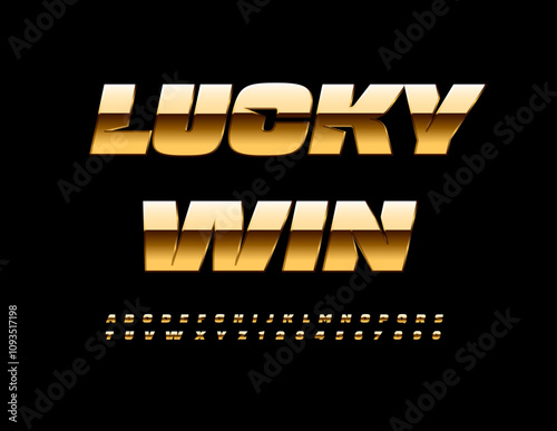 Vector Casino Emblem Lucky Win. Exclusive Font. Elite Gold Alphabet Letters and Numbers set.