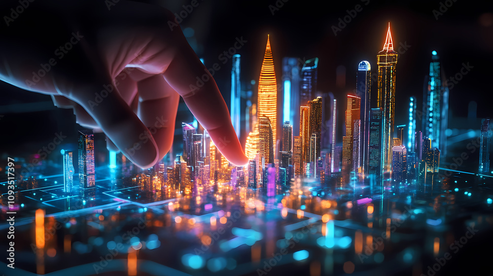 Fototapeta premium A finger interacts with a futuristic holographic city model featuring illuminated skyscrapers and dynamic digital elements. Futuristic Holographic Cities. Illustration