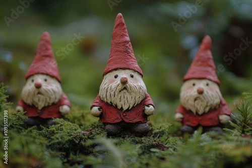 Three small ceramic figures standing in a lush green grassy area photo