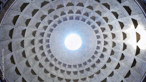 A breathtaking view of the Pantheon dome in Rome, showcasing its central oculus and coffered ceiling design. 