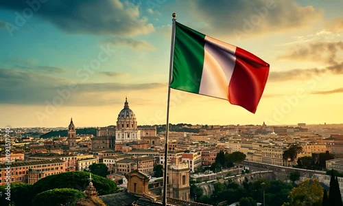 Waving flag of Italy against blue cloudy sky in Rome and sun at golden hour