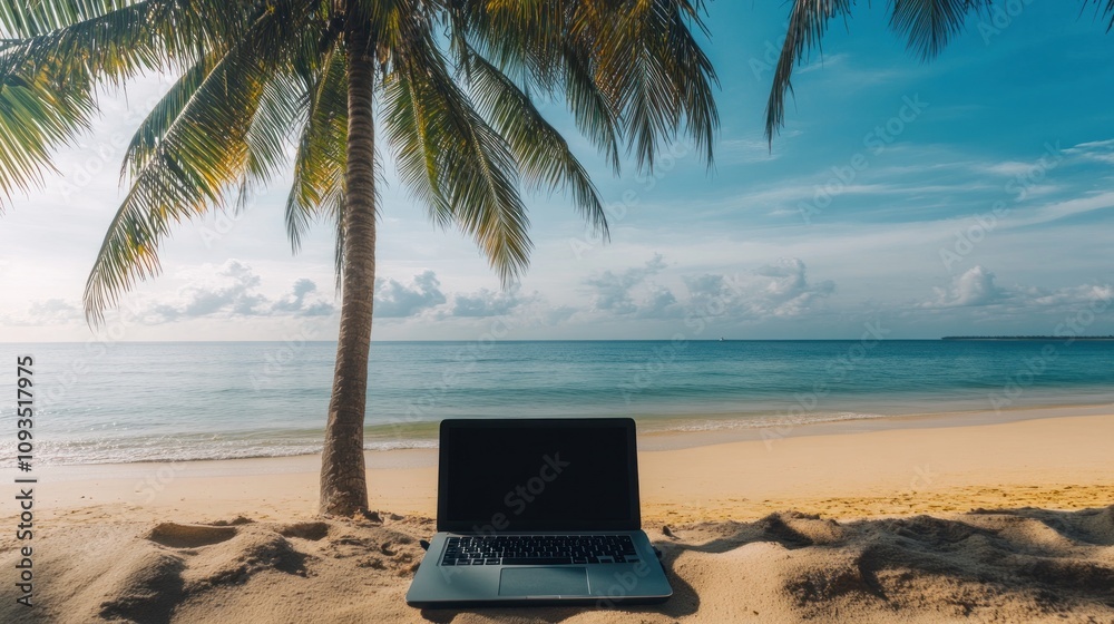 Laptop rests on sandy beach under palm tree shade