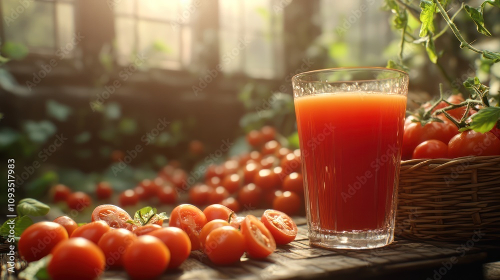 Glass of fresh tomato juice with ripe tomatoes scattered around on a wooden table in a greenhouse. Glass of fresh tomato juice with ripe tomatoes scattered around on a wooden table in a greenhouse.