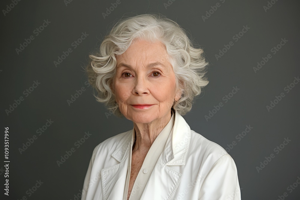 Gray-Haired Woman in White Jacket Posing Against a Gray Studio Background Gray-Haired Woman in White Jacket Posing Against a Gray Studio Background