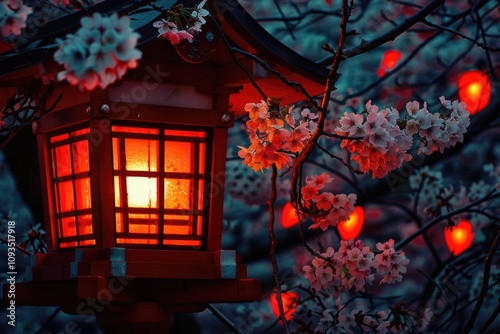 A lantern shines brightly in front of a blooming tree, ideal for use as a decorative element or to represent guidance and light