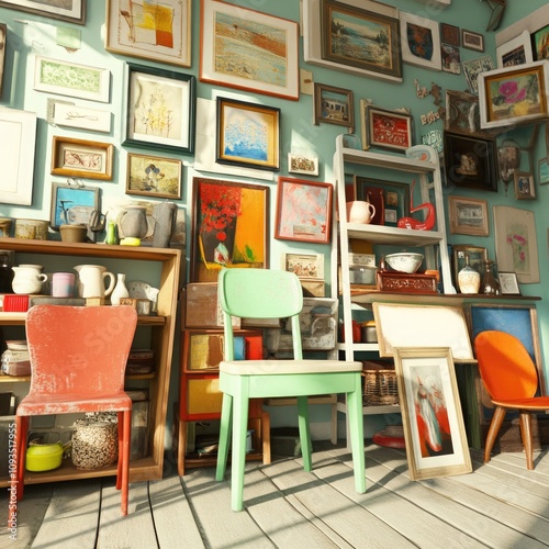 An artistic arrangement of vintage furniture and eclectic wall art in a charming second-hand shop, highlighting a unique and curated aesthetic.