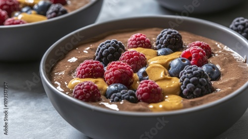 Rich chocolate pudding topped with sweet raspberries and blueberries, perfect for dessert or snack