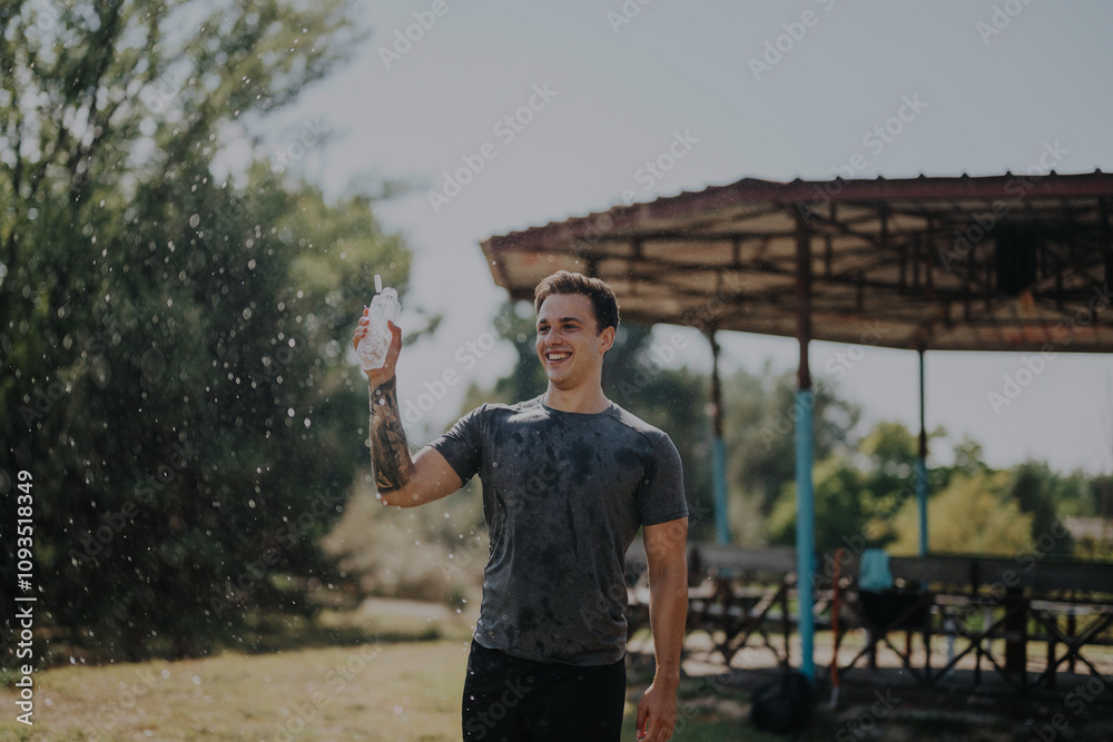 Obraz premium A young man smiling and splashing water on a sunny day in nature. The image captures joy, relaxation, and energy in an outdoor setting.
