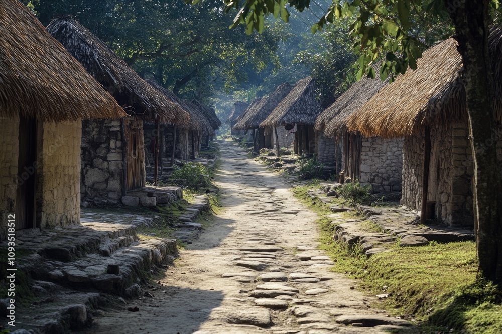 Fototapeta premium Rural village scene with traditional thatched huts along a dirt path