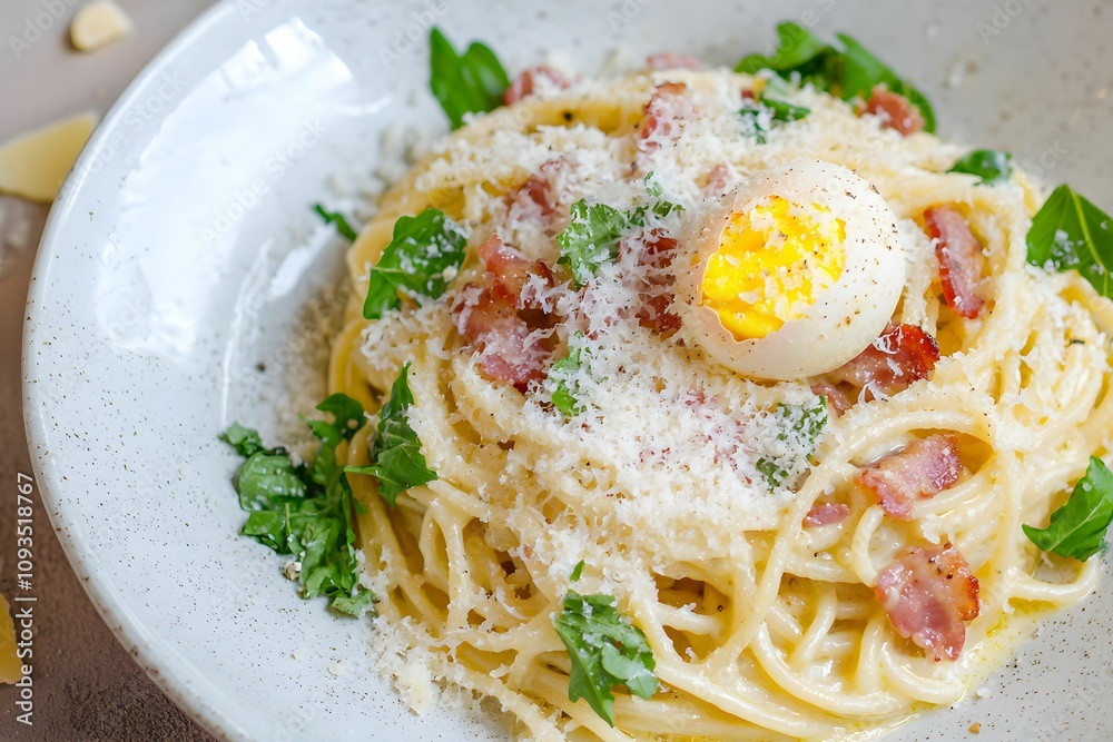 Creamy pasta dish with bacon and soft-boiled egg on a plate Creamy pasta dish with bacon and soft-boiled egg on a plate