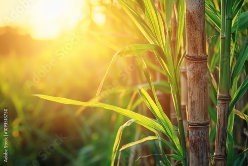 Close-up of sugarcane plants glowing in the warm sunlight