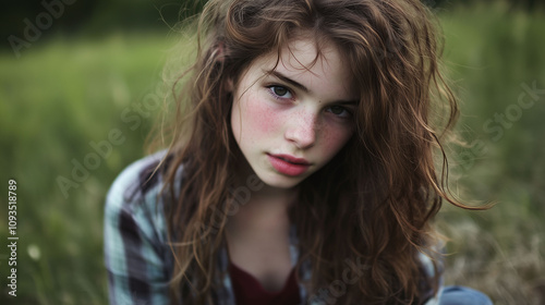 Young woman with frizzy unruly brown hair that looks dry and difficult to manage photo