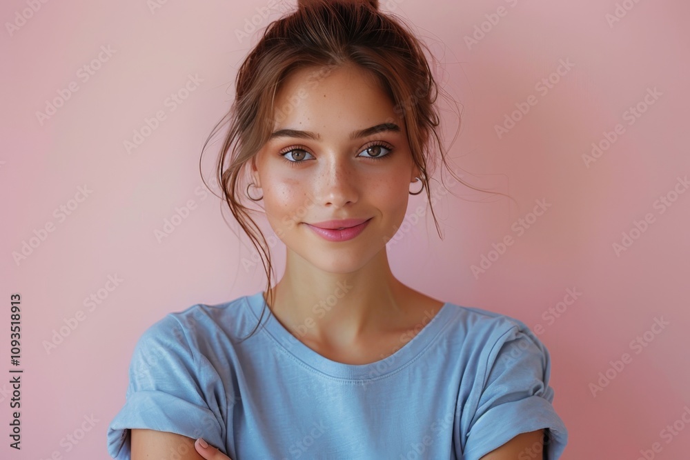 Happy Woman in Blue T-Shirt for Casual Fashion Portrait on Pink Background Happy Woman in Blue T-Shirt for Casual Fashion Portrait on Pink Background