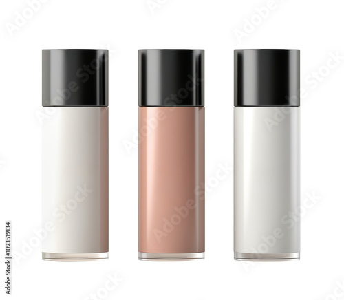 Three elegant cosmetic bottles with black caps with lotion, cream and moisturizer, neutral tones, perfect for variety of skincare and beauty products. Isolated on transparent or white background.