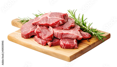Fresh raw beef steaks arranged on wooden cutting board with sprigs of rosemary and black pepper, perfect for culinary and recipes. Isolated on transparent or white background.