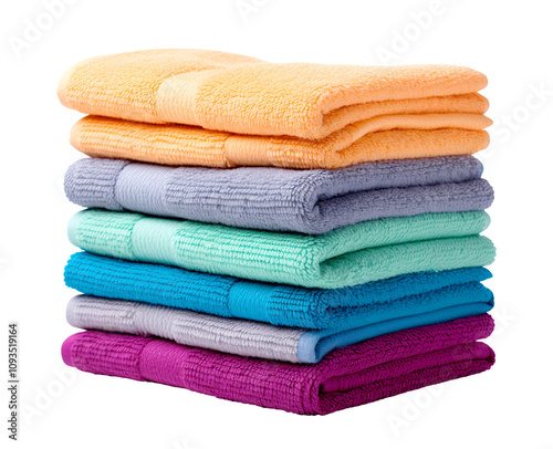 Stack of microfiber towels in orange, purple and blue shades, ideal for cleaning or decor. Isolated on transparent or white background. photo