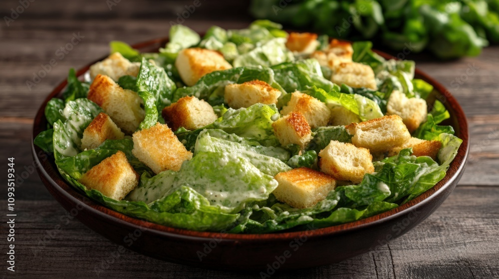 Fresh and Vibrant Caesar Salad with Croutons on Wooden Table Fresh and Vibrant Caesar Salad with Croutons on Wooden Table