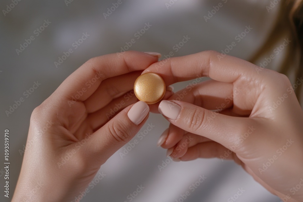Close-up of a person grasping a golden object, suitable for use in jewelry or luxury branding scenarios Close-up of a person grasping a golden object, suitable for use in jewelry or luxury branding scenarios