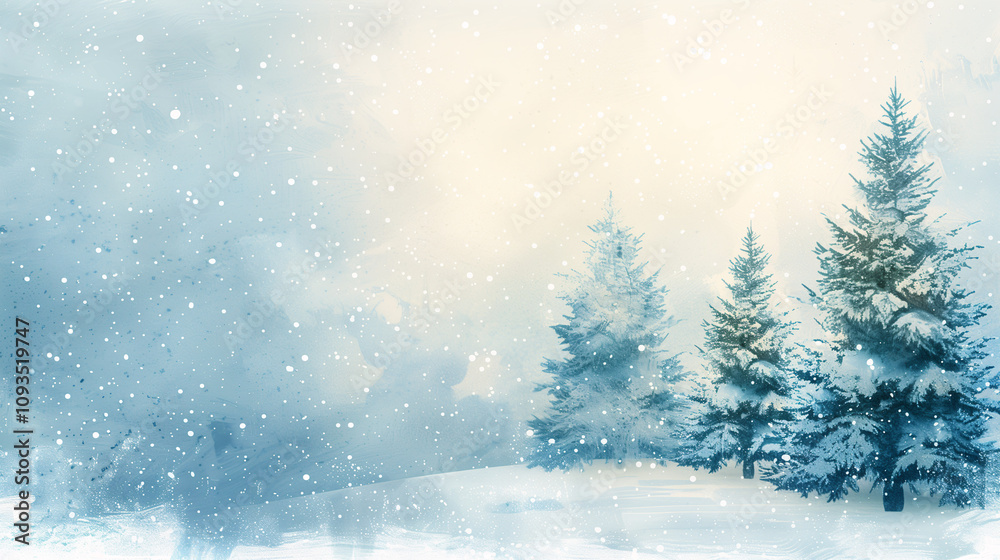 Paisaje invernal con árboles nevados y luces cálidas en un entorno brumoso