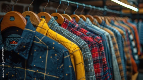 Colorful assortment of stylish shirts hanging in a trendy boutique during a vibrant shopping day. Generative AI photo