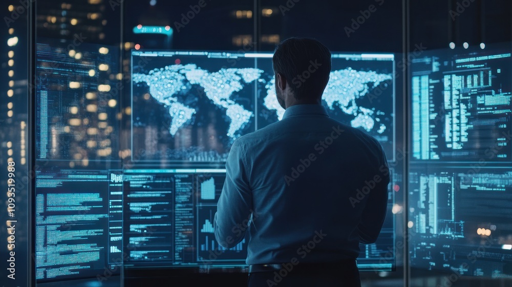 Fototapeta premium A person analyzing data on multiple screens with a world map in a modern office setting.