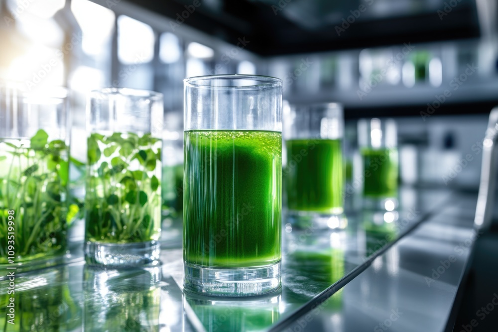 A row of glasses filled with a mysterious green liquid, perfect for medical or science illustrations A row of glasses filled with a mysterious green liquid, perfect for medical or science illustrations