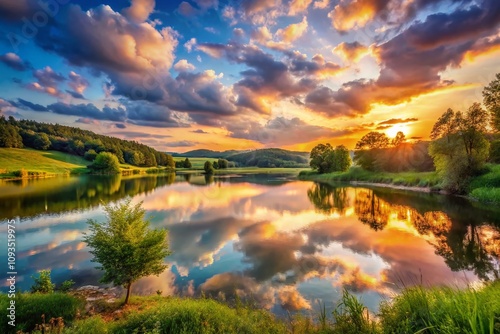 Serene Sunset Over a Tranquil Lake - A Landscape That Evokes Feelings of Love and Connection, Perfect for Romantic Moments and Nature Lovers Alike