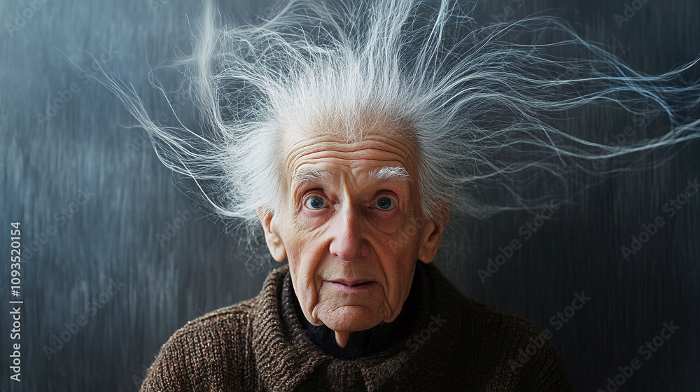 Elderly man with thin wispy white hair that seems static-y and difficult to style