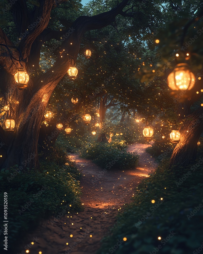 Naklejka premium A serene forest pathway illuminated by glowing lanterns and string lights, creating a magical atmosphere at twilight in a tranquil setting