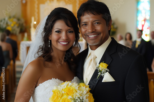 Close up of older Hispanic couple getting married in church background