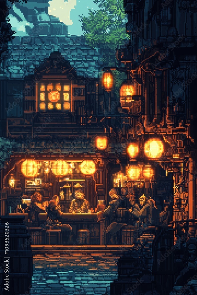 Pixel art tavern scene. Friends gather at bar in dimly lit tavern. Glowing lanterns light up pixelated building. Detailed pixelated art style. Fantasy setting. People drink, relax at bar in pixel art Pixel art tavern scene. Friends gather at bar in dimly lit tavern. Glowing lanterns light up pixelated building. Detailed pixelated art style. Fantasy setting. People drink, relax at bar in pixel art