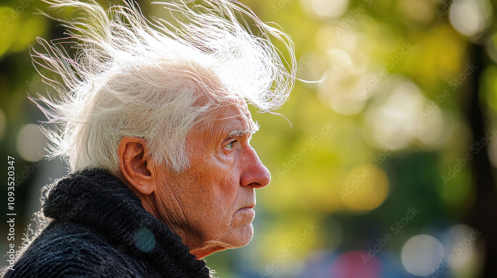 Elderly man with thin wispy white hair that seems static-y and difficult to style Elderly man with thin wispy white hair that seems static-y and difficult to style