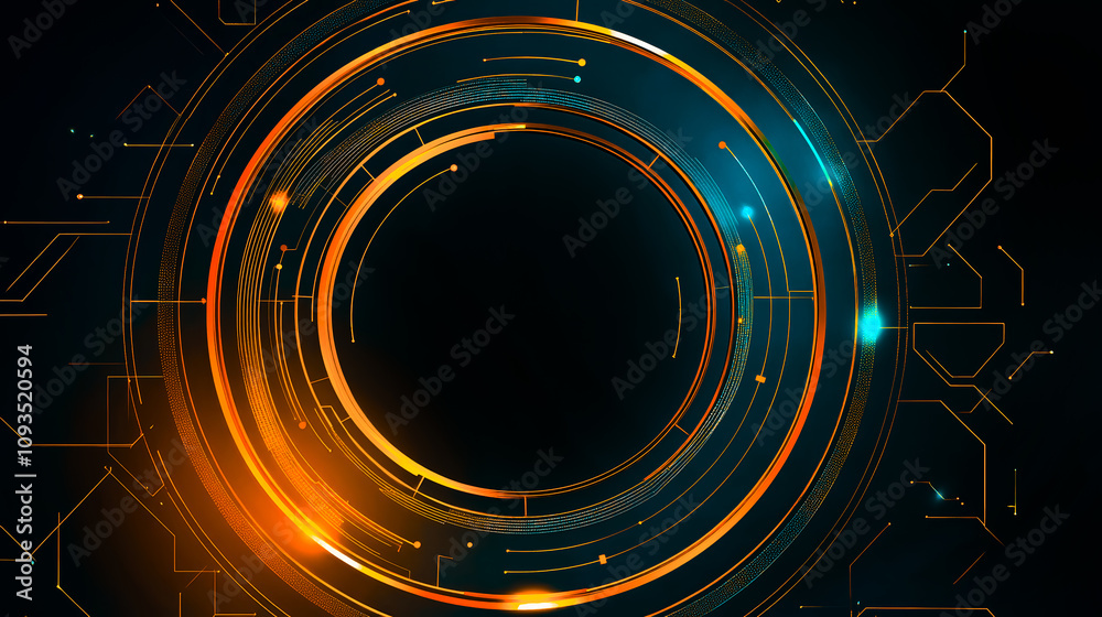 Abstract digital art blue and orange tech neon circle on dark background. Science, futuristic digital technologies concept. Abstract digital art blue and orange tech neon circle on dark background. Science, futuristic digital technologies concept.