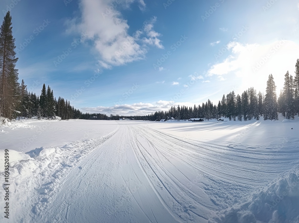 Fototapeta premium A snow-dusted road lined with trees, set against a blue sky, recedes into the distance within the forest.