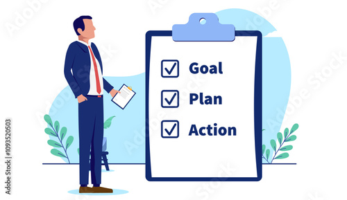 Businessman strategy - Man person in business standing with clipboard and checklist making plan for company development and success. Flat design vector illustration on white background