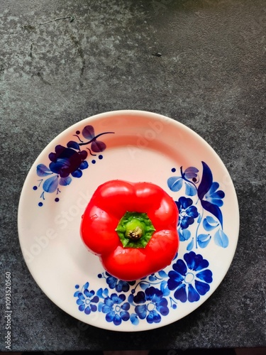 red pepper on a white plate decorated with blue flowers