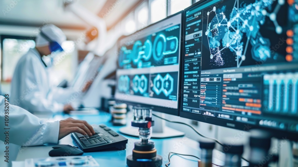 A person in a lab coat working on a computer, possibly researching or writing A person in a lab coat working on a computer, possibly researching or writing