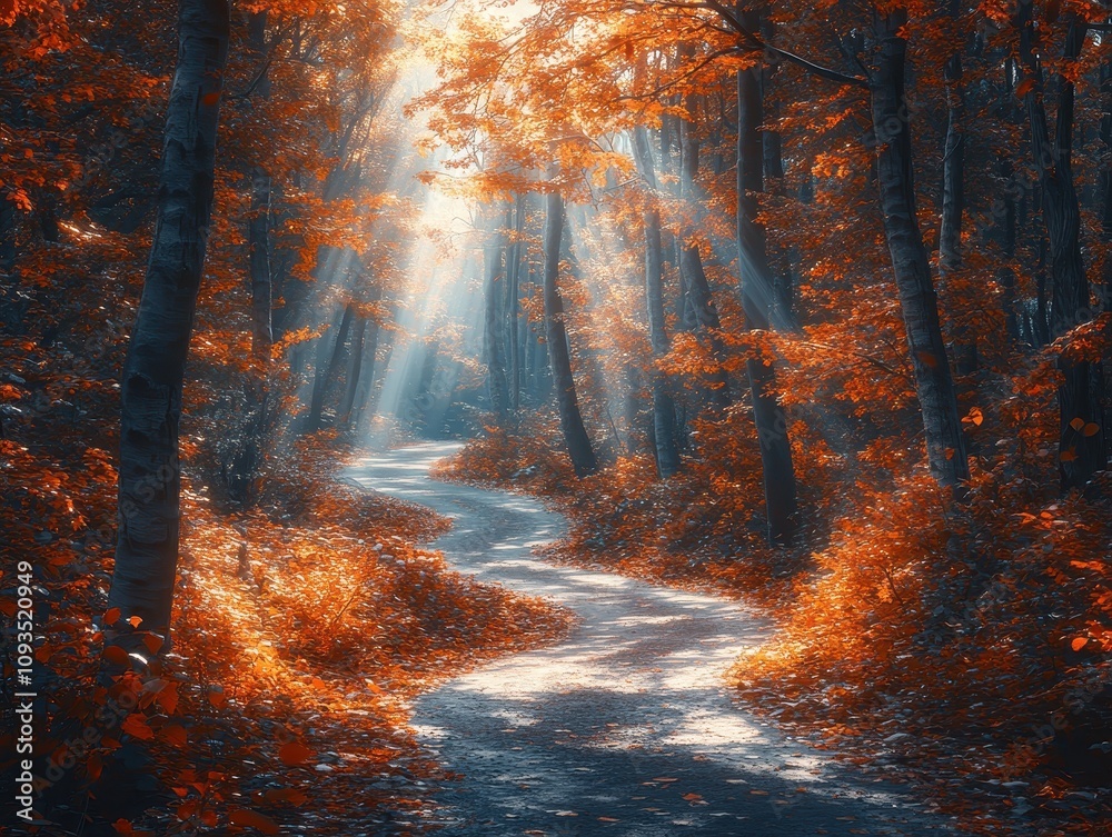 A serene forest path illuminated by golden light through autumn foliage. A serene forest path illuminated by golden light through autumn foliage.