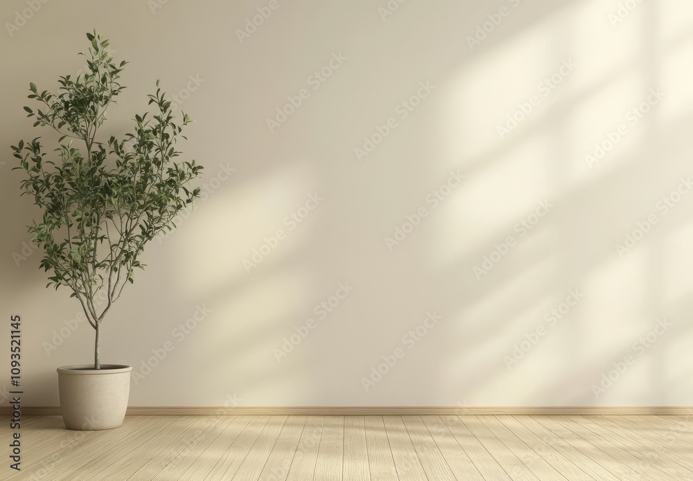 Modern interior with a single potted tree casting shadows on a minimalist beige wall Modern interior with a single potted tree casting shadows on a minimalist beige wall